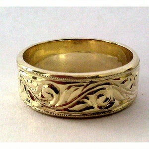 Hand Engraved Men's Wedding/Anniversary Band 14k yellow or 14k white