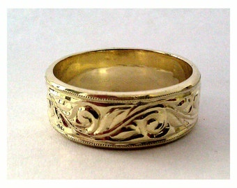 Hand Engraved Men&#39;s Wedding/Anniversary Band 14k yellow or 14k white