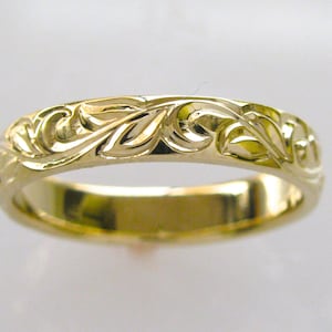 Unique Hand Engraved Wedding Band with Vine and Leaf Pattern 4mm width 14k yellow gold