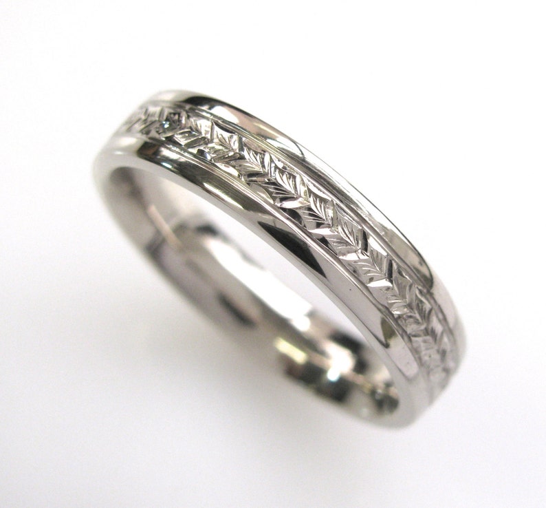 Hand Engraved Mens Wedding Band with Wheat Leaf Pattern Etsy