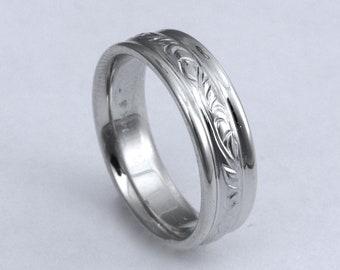 Hand Engraved Vine and Leaf  Wedding/Anniversary 6mm Band in 14k White Gold Made to Order