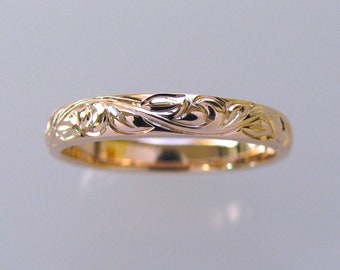 3mm 14k Rose Gold Vine and Leaf Hand Engraved Wedding Band