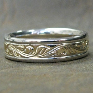 Unique 6mm Two Tone Wedding/Anniversary Band with Fine Hand Engraving Made to Order