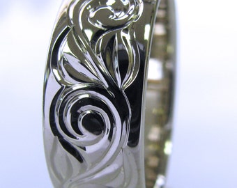 Hand Engraved Vine and Leaf Wedding/Anniversary 8mm Band in 14k White Gold Made to Order