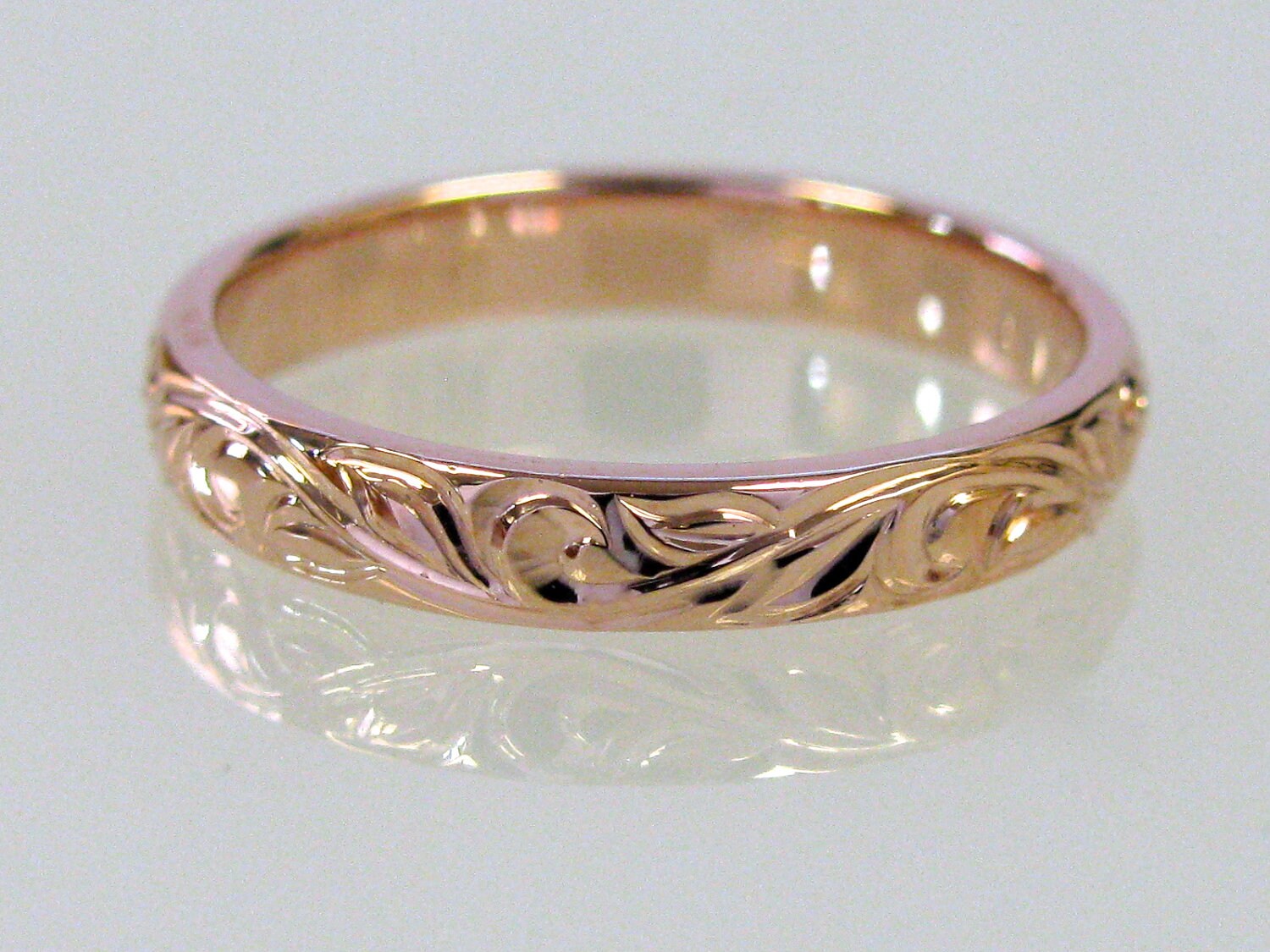 3mm 14k Rose Gold Vine and Leaf Hand Engraved Wedding Band - Etsy
