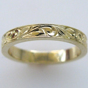 3mm Hand Engraved Wedding/Anniversary Band Vine and Leaf in 14k yellow gold with Milgrain Edge