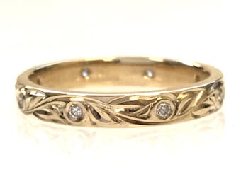 Diamond Hand Engraved Wedding or Anniversary Band with Vine and Leaf Hand Engraving