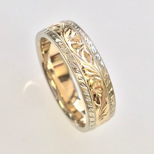 Hand Engraved Vine and Leaf Two Tone Wedding Band