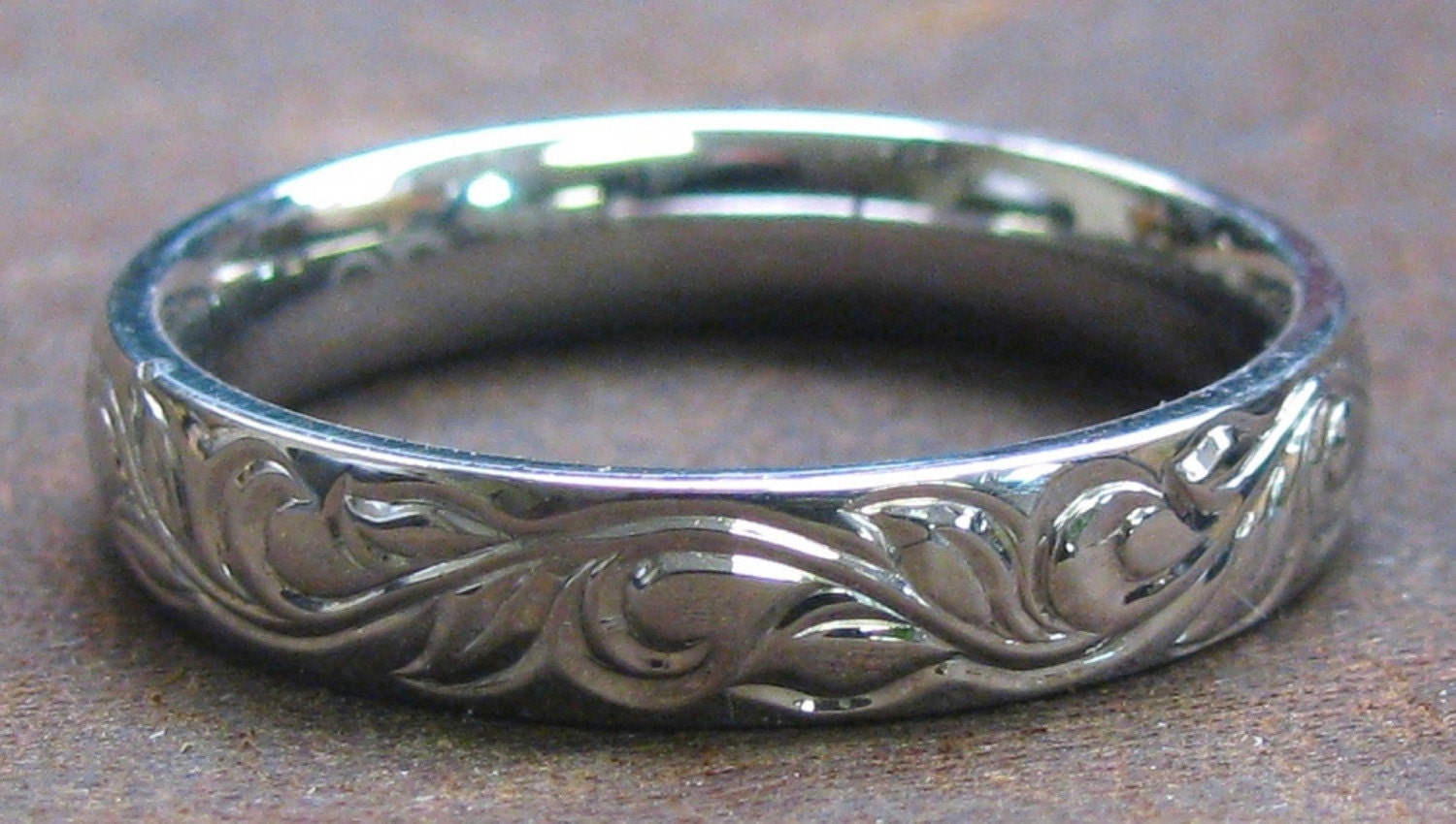 Vine and Leaf Stainless Steel Ring Hand Engraved Made to Order