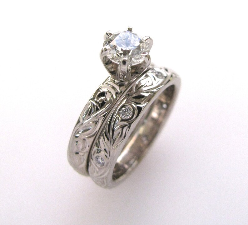 Hand Engraved Engagement Ring and Wedding Band Vine and Leaf - Etsy