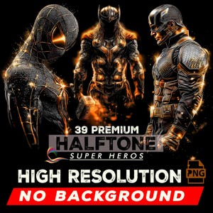 Puede incluir: Ilustración digital de Spider-Man, Thor y Capitán América. La imagen tiene un fondo negro con el texto "39 Premium Halftone Super Heroes" y "High Resolution No Background". Los superhéroes están representados en un estilo de semitono detallado.