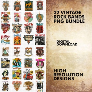 May include: A bundle of 32 vintage rock band designs in PNG format, featuring logos and graphics from bands such as Led Zeppelin, The Beatles, and The Rolling Stones. Text on the right reads "32 VINTAGE ROCK BANDS PNG BUNDLE" and "DIGITAL DOWNLOAD".