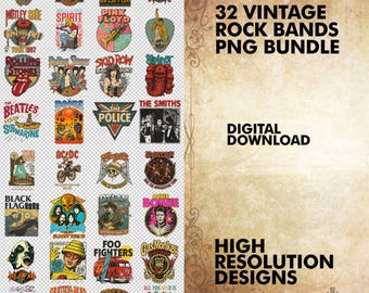 May include: A bundle of 32 vintage rock band designs in PNG format, featuring logos and graphics from bands such as Led Zeppelin, The Beatles, and The Rolling Stones. Text on the right reads "32 VINTAGE ROCK BANDS PNG BUNDLE" and "DIGITAL DOWNLOAD".