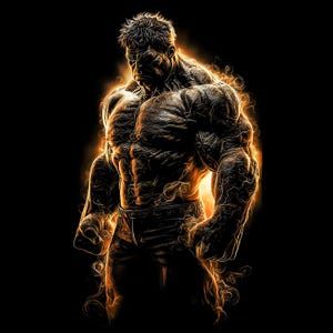 May include: Digital art of a muscular figure, rendered in shades of brown and black, with fiery orange energy surrounding the body. The figure is in a powerful stance against a black background, showcasing detailed musculature.