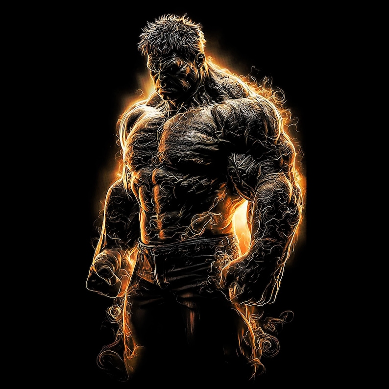 May include: Digital art of a muscular figure, rendered in shades of brown and black, with fiery orange energy surrounding the body. The figure is in a powerful stance against a black background, showcasing detailed musculature.