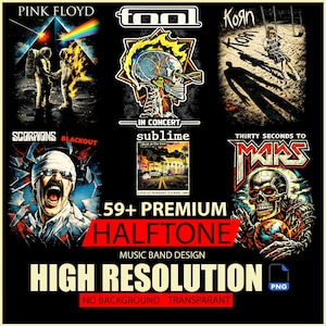 Op de afbeelding: Een verzameling muziekbandontwerpen, waaronder Pink Floyd, Tool, Korn, Scorpions, Sublime en Thirty Seconds to Mars. De ontwerpen bevatten verschillende afbeeldingen, zoals een schedel, astronauten en concertposters. De afbeelding bevat ook de tekst "59+ Premium Halftone Music Band Design" en "High Resolution".