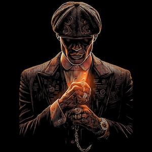 May include: Digital art illustration of a man in a tweed flat cap and suit, holding a pocket watch. The image is in shades of brown and orange against a black background. The man is wearing multiple rings and a wristwatch.