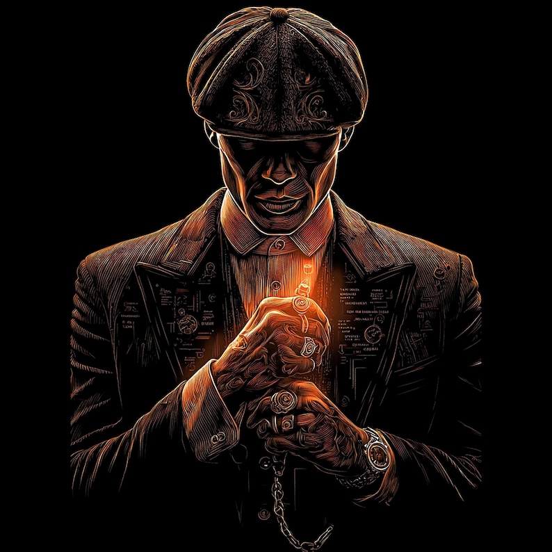 May include: Digital art illustration of a man in a tweed flat cap and suit, holding a pocket watch. The image is in shades of brown and orange against a black background. The man is wearing multiple rings and a wristwatch.