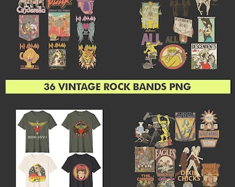 36 Vintage Rock Bands PNG Bundle: High-Resolution Designs Digital Download
