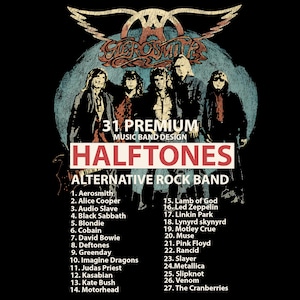 May include: Black graphic design featuring Aerosmith and other alternative rock bands. The design includes the text "31 Premium Music Band Design" and "Halftones Alternative Rock Band".