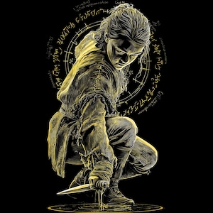 May include: A digital illustration of a person in a hooded garment, kneeling and holding a knife. The artwork is rendered in shades of gold against a black background, with a circular design and text behind the figure.