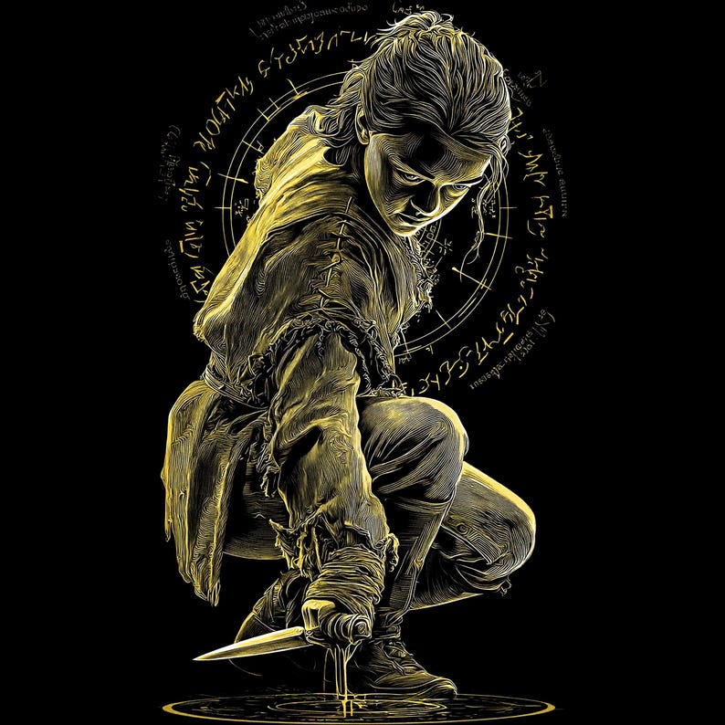 May include: A digital illustration of a person in a hooded garment, kneeling and holding a knife. The artwork is rendered in shades of gold against a black background, with a circular design and text behind the figure.