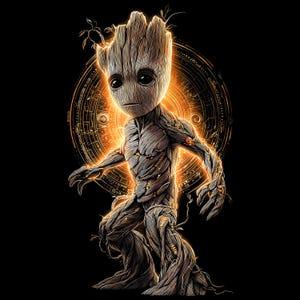 May include: Digital illustration of a Groot-like character with a wooden texture, standing against a glowing orange circular design on a black background. The character has large eyes and outstretched arms, with glowing accents.