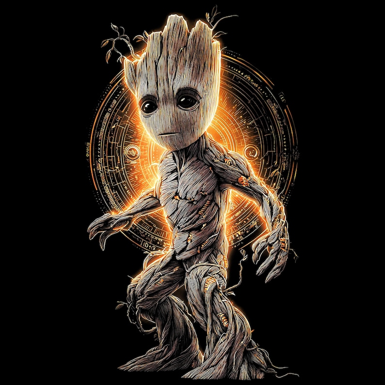 May include: Digital illustration of a Groot-like character with a wooden texture, standing against a glowing orange circular design on a black background. The character has large eyes and outstretched arms, with glowing accents.