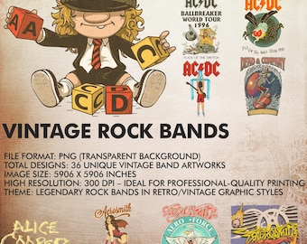 Vintage Rock Bands PNG Bundle Vol.3: High-Resolution Designs Digital Download