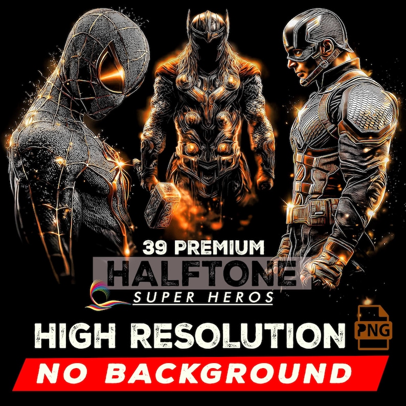 May include: Digital artwork featuring three superheroes: Spider-Man, Thor, and Captain America. The image has a black background with the text "39 Premium Halftone Super Heroes" and "High Resolution No Background". The superheroes are rendered in a detailed, halftone style.