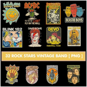 Könnte beinhalten: Eine Sammlung von Vintage-Bandlogos und -Porträts, darunter Blink 182, AC/DC, David Bowie und Green Day, auf schwarzem Hintergrund. Das Bild enthält den Text "32 ROCK STARS VINTAGE BAND [PNG]"