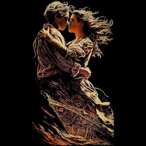 May include: An illustration of a couple embracing, with the man and woman facing each other. The image is in shades of brown and orange, with a ship in the background. The couple is standing on the ship, with the ocean waves surrounding the ship.