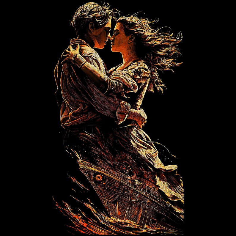 May include: An illustration of a couple embracing, with the man and woman facing each other. The image is in shades of brown and orange, with a ship in the background. The couple is standing on the ship, with the ocean waves surrounding the ship.