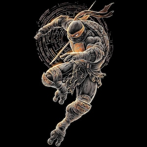 May include: An illustration of a ninja turtle in a dynamic pose, set against a black background. The turtle is predominantly black with orange accents on the mask and chest. The artwork features intricate details and a circular design behind the figure.