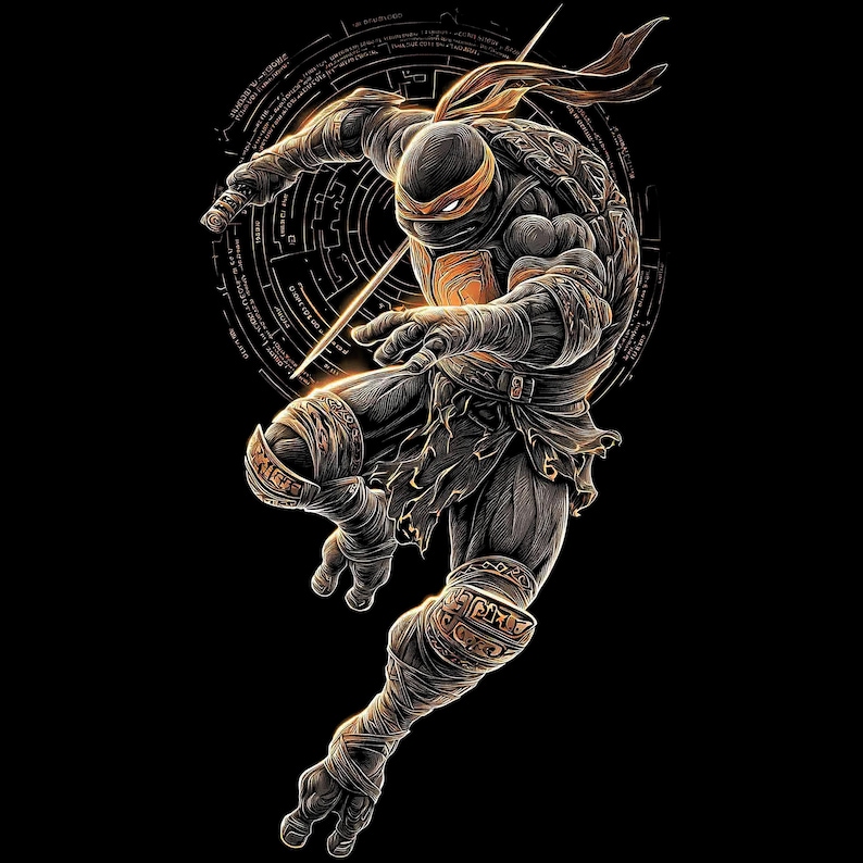 May include: An illustration of a ninja turtle in a dynamic pose, set against a black background. The turtle is predominantly black with orange accents on the mask and chest. The artwork features intricate details and a circular design behind the figure.