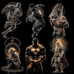 May include: Digital art featuring six iconic characters: The Flash, a figure with a glowing ring, Aquaman, Yoda, Superman, and The Mandalorian. Each character is depicted in a dynamic pose with a glowing aura against a black background.