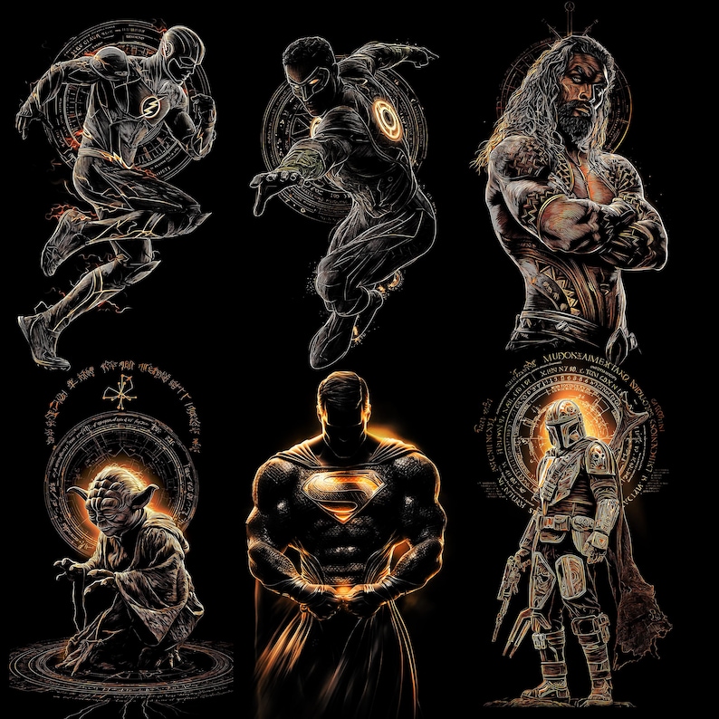May include: Digital art featuring six iconic characters: The Flash, a figure with a glowing ring, Aquaman, Yoda, Superman, and The Mandalorian. Each character is depicted in a dynamic pose with a glowing aura against a black background.