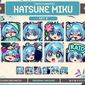 初音ミク エモートセット 2 l P2U/即時ダウンロード/すぐに使用可能、Twitch、Discord、YouTube、かわいいちびスタイル ストリーミング チャット
