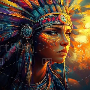 Ein Kunstwerk, das einen aztekischen Krieger mit bunten Federn und Kopfschmuck darstellt, hochdetailliert und lebhaft gefärbt im Fantasy-Stil.AI,HD