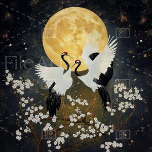 Deux grues blanches dansant gracieusement sous le clair de lune, dans le style de la peinture traditionnelle chinoise, haute résolution, IA