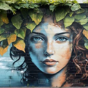 Retrato de niña, pintura mural, mural, grafiti, arte, archivo digital, papel tapiz, cafetería, foto HD de gran formato, ai