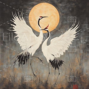 Deux grues blanches dansant gracieusement sous le clair de lune, dans le style de la peinture traditionnelle chinoise, haute résolution, IA