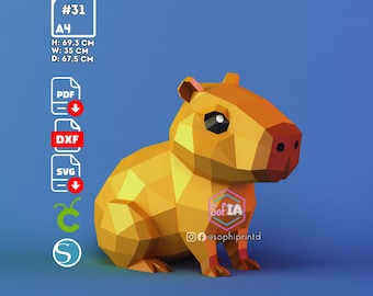 Capybara Papercraft — Pdf SVG DXF Template — 3D Low Poly DIY Animal — Cricut Silhouette — Party Hat Version — Funny Meme Gift — Capybara