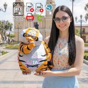 Chubby Tiger Papercraft Template pdf SVG DXF — 3D Low Poly DIY Animal — Cricut Silhouette Cameo Cut File — Tigre Gordito Gift