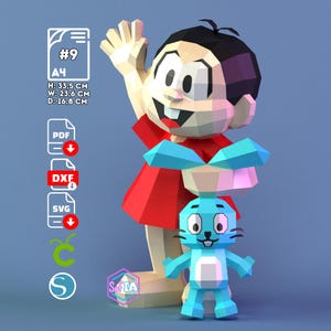 May include: A 3D papercraft model of a cartoon character in a red outfit, waving. A blue rabbit figure is in front. The image includes text: #9, A4, H: 33.5 cm, W: 23.6 cm, D: 16.8 cm, PDF, DXF, SVG, and the name Sofia.