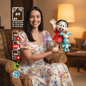 May include: A woman holding a papercraft figure of a cartoon character in a red shirt and a blue character. The figure is 33.5 cm tall, 23.6 cm wide, and 16.8 cm deep. The image includes the text "#9", "A4", and file type icons.