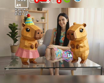 Capybara Papercraft 3D SVG for Cricut, Cute Standing Animal with hat & Skirt, low poly paper model DXF Silhouette, PDF Template diy Gift