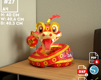 Año nuevo chino papercraft, serpiente china, Papercraft, pdf, svg, cricut maker, silhouette, dxf, STUDIO3, LowPoly, 3D paper, manualidades