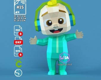 Cute Baby with headphones papercraft 3D svg for Cricut, low poly toddler model, DXF silhouette, PDF template DIY Nursery Decor
