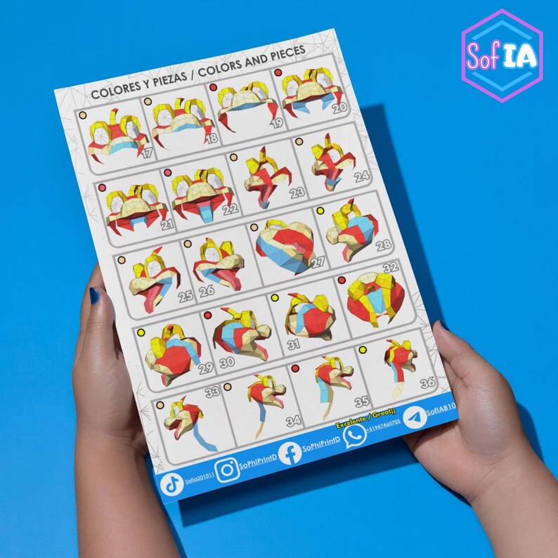 Puede incluir: Una gu&iacute;a de colores y piezas para un modelo de papelcraft de un personaje de dibujos animados. La gu&iacute;a muestra 36 piezas diferentes, cada una con un n&uacute;mero y un color. El personaje es una criatura amarilla, roja y azul con una cola larga.